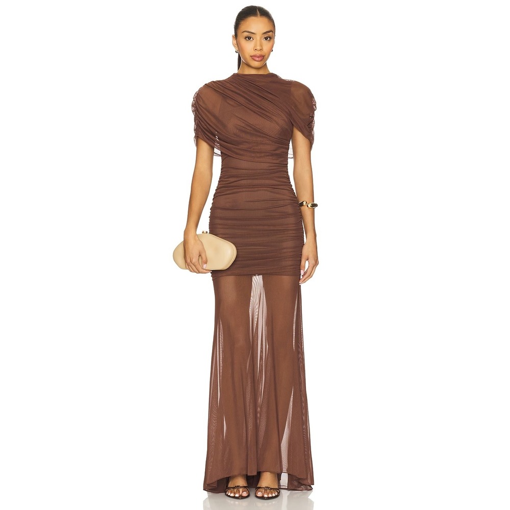 Amanda Uprichard Brown Mesh Ruched Draped Maxi Dress Small Brown Gown